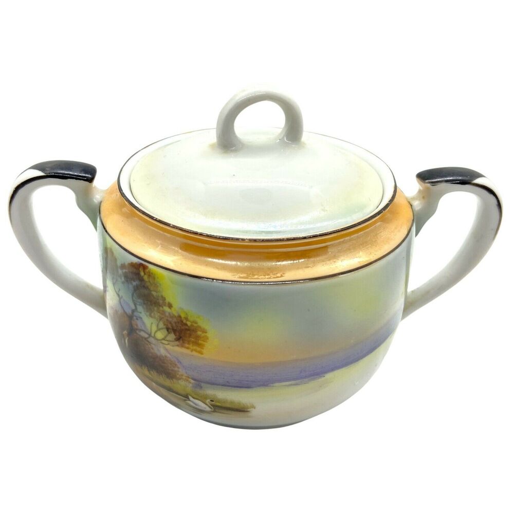 Noritake Lusterware Sugar Bowl White Glossy Finish Hand Painted Landscape Nature